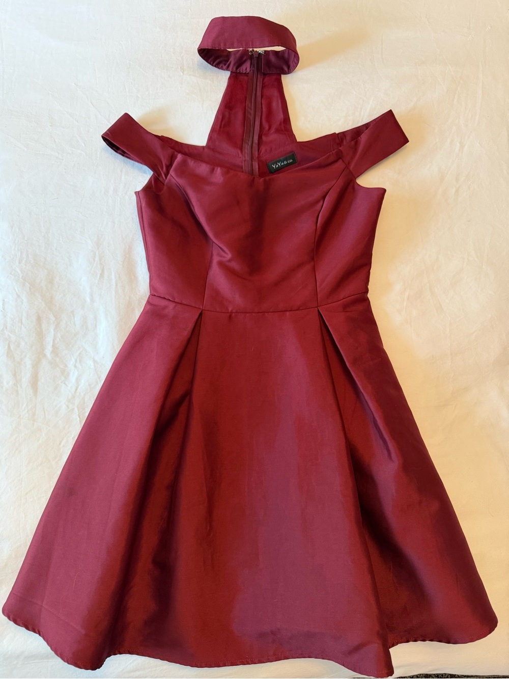 Off Shoulder Fit & Flare Dress with Choker in Burgundy
